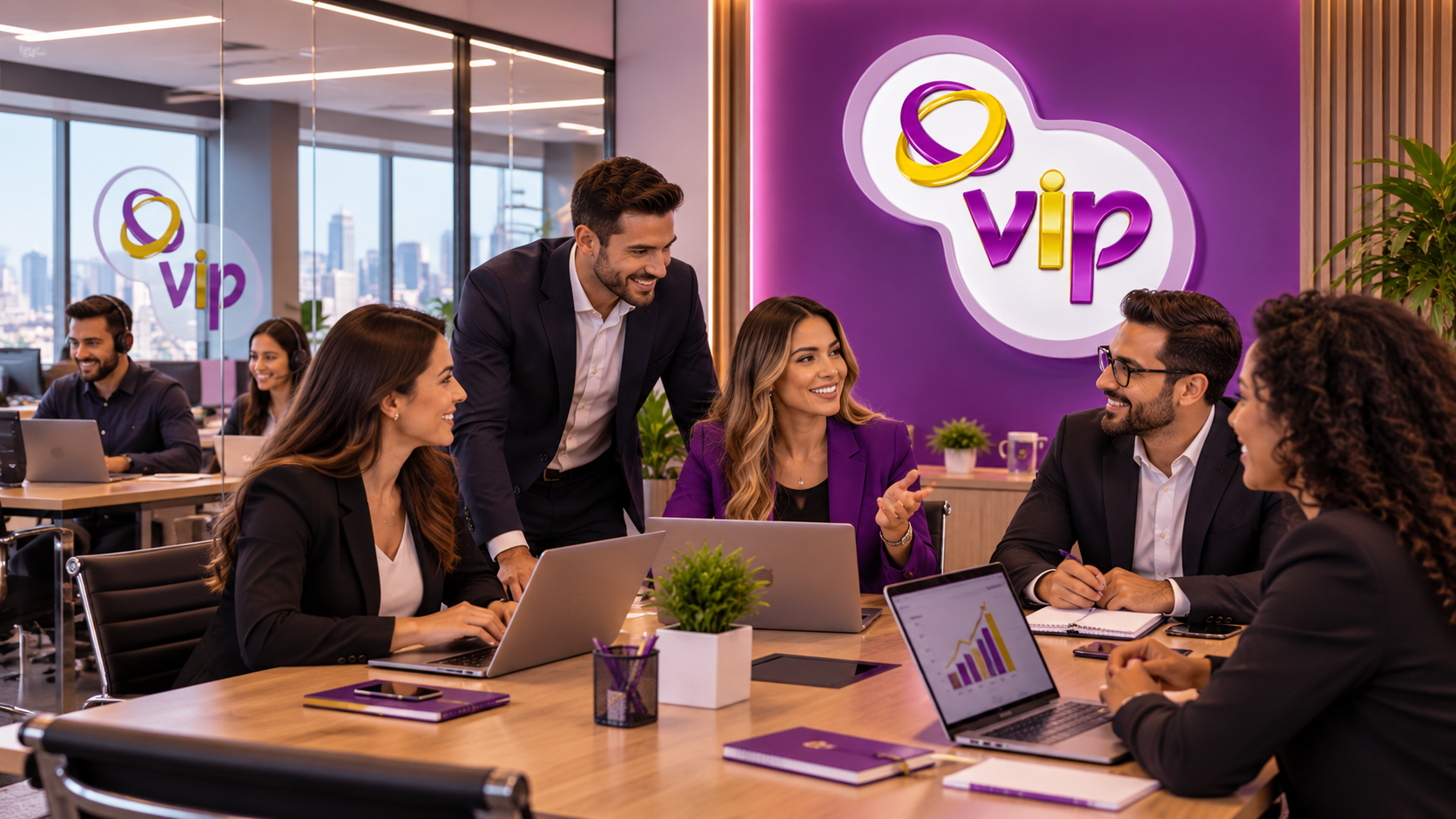 Equipe de empresa trabalhando conectada à internet empresarial da VIP