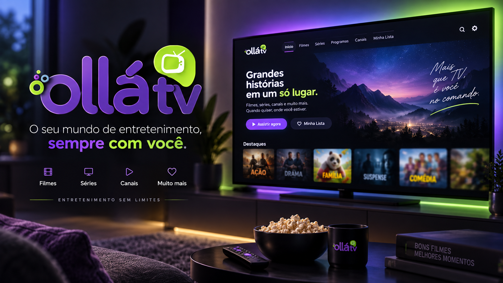 Painel Ollá TV com filmes, séries, canais e conteúdos de entretenimento